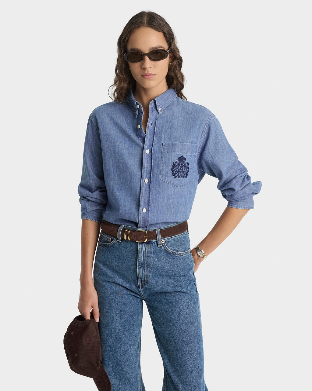 NY Crest Oversized Denim Shirt - Light Blue