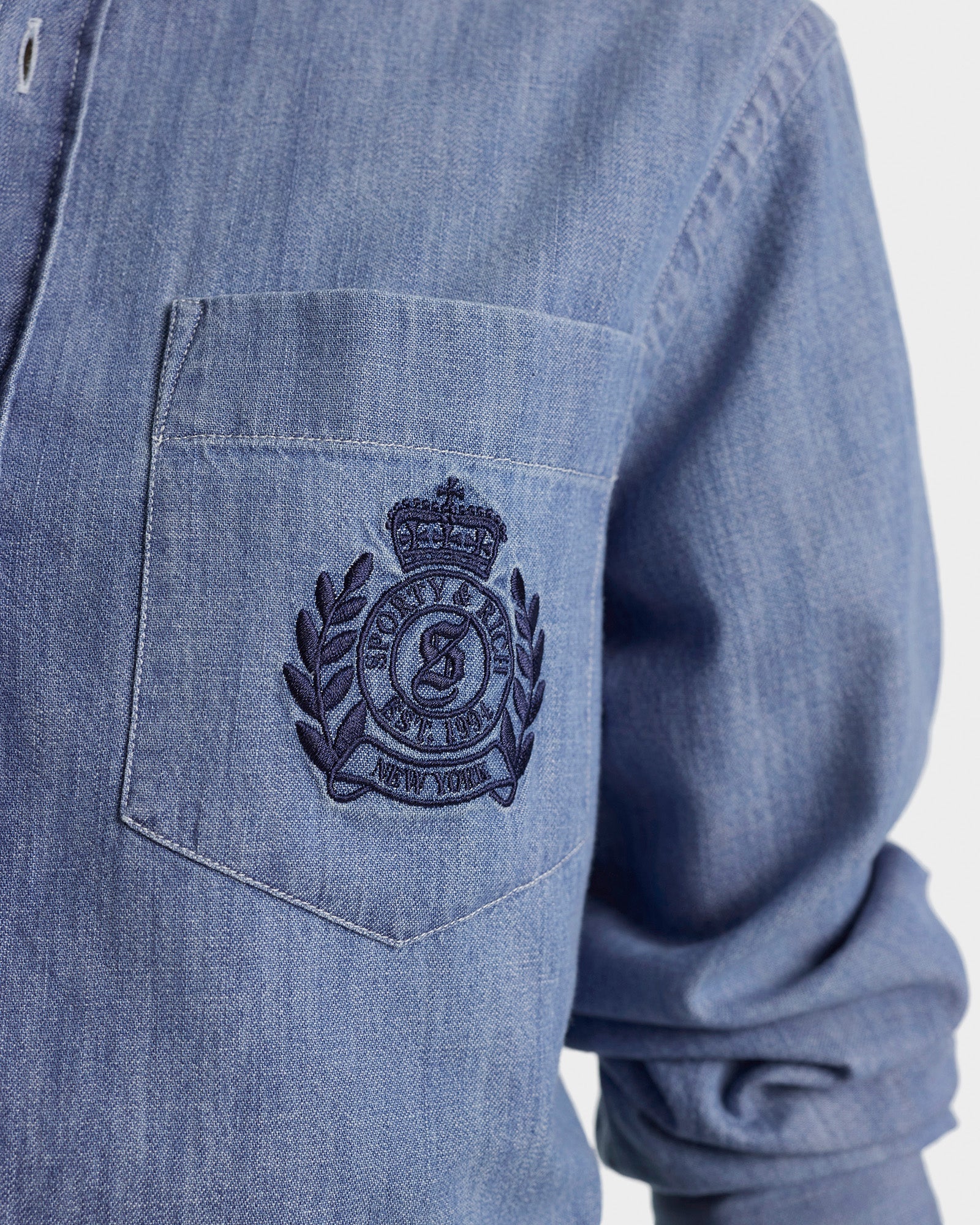 NY Crest Oversized Denim Shirt - Light Blue