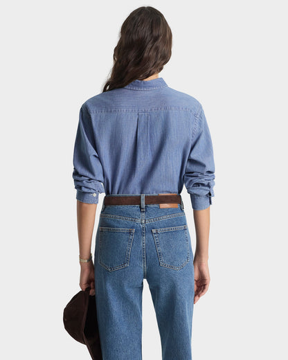 NY Crest Oversized Denim Shirt - Light Blue