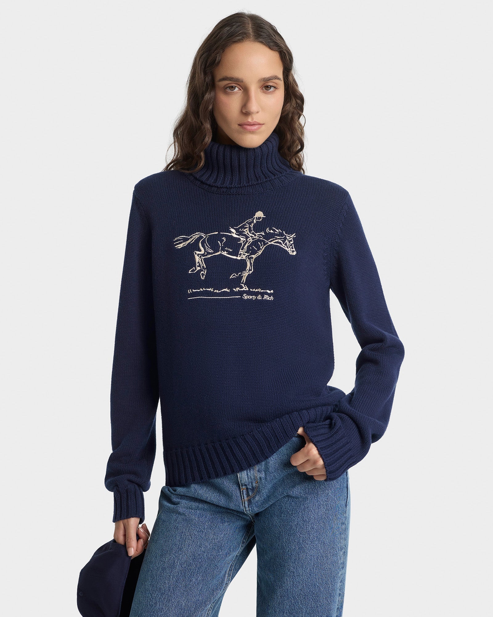 Horse Knitted Turtleneck - Navy/Ecru