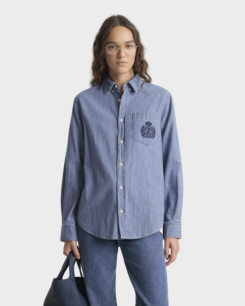 NY Crest Oversized Denim Shirt - Light Blue