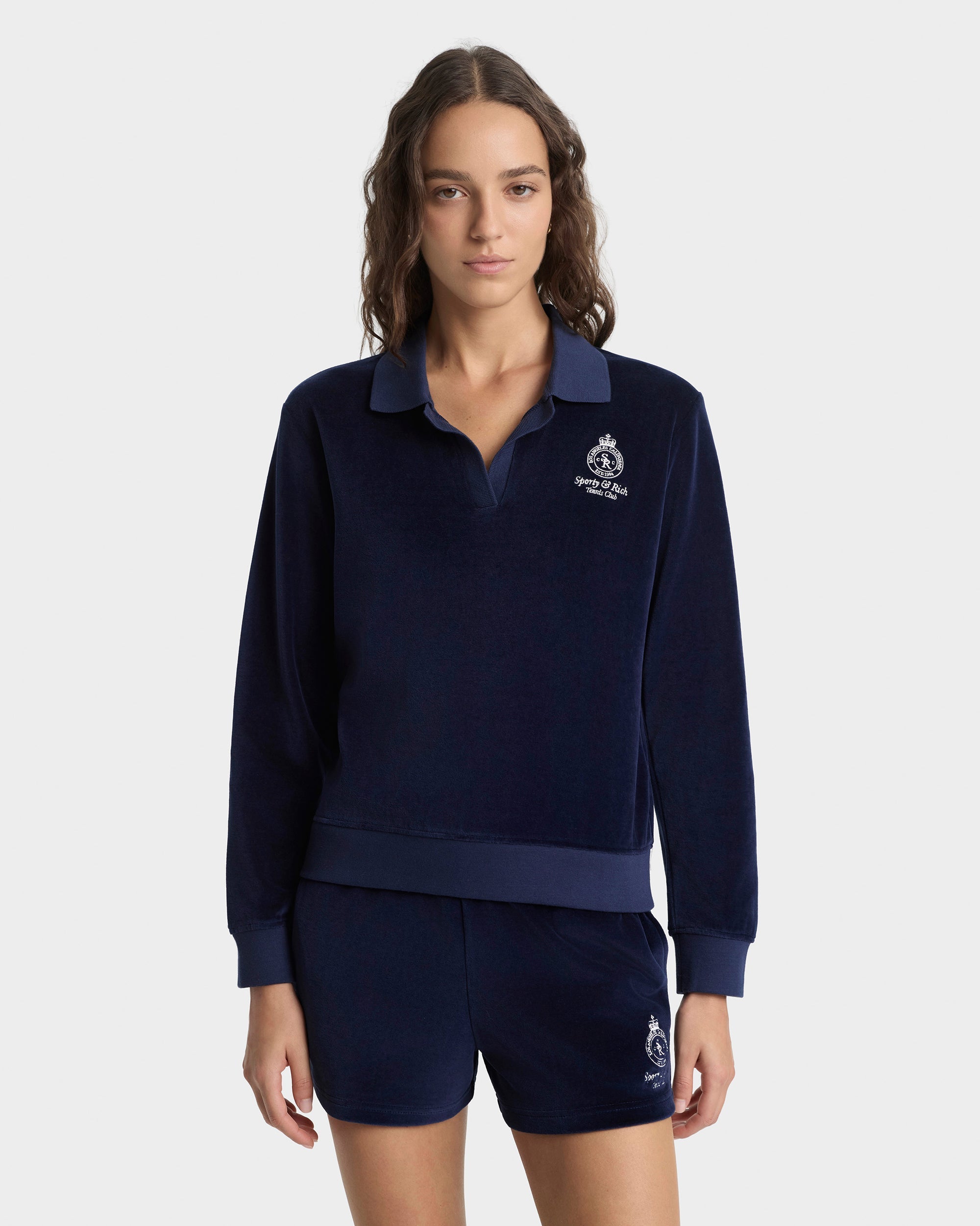 Crown Tennis Velour Polo - Navy/Ecru