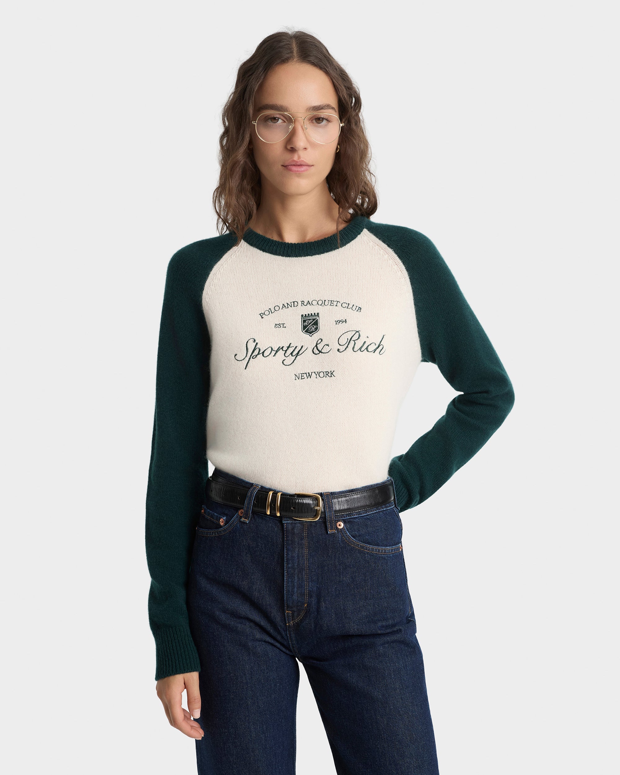 Syracuse Cashmere Baseball Sweater - Ecru/Forest