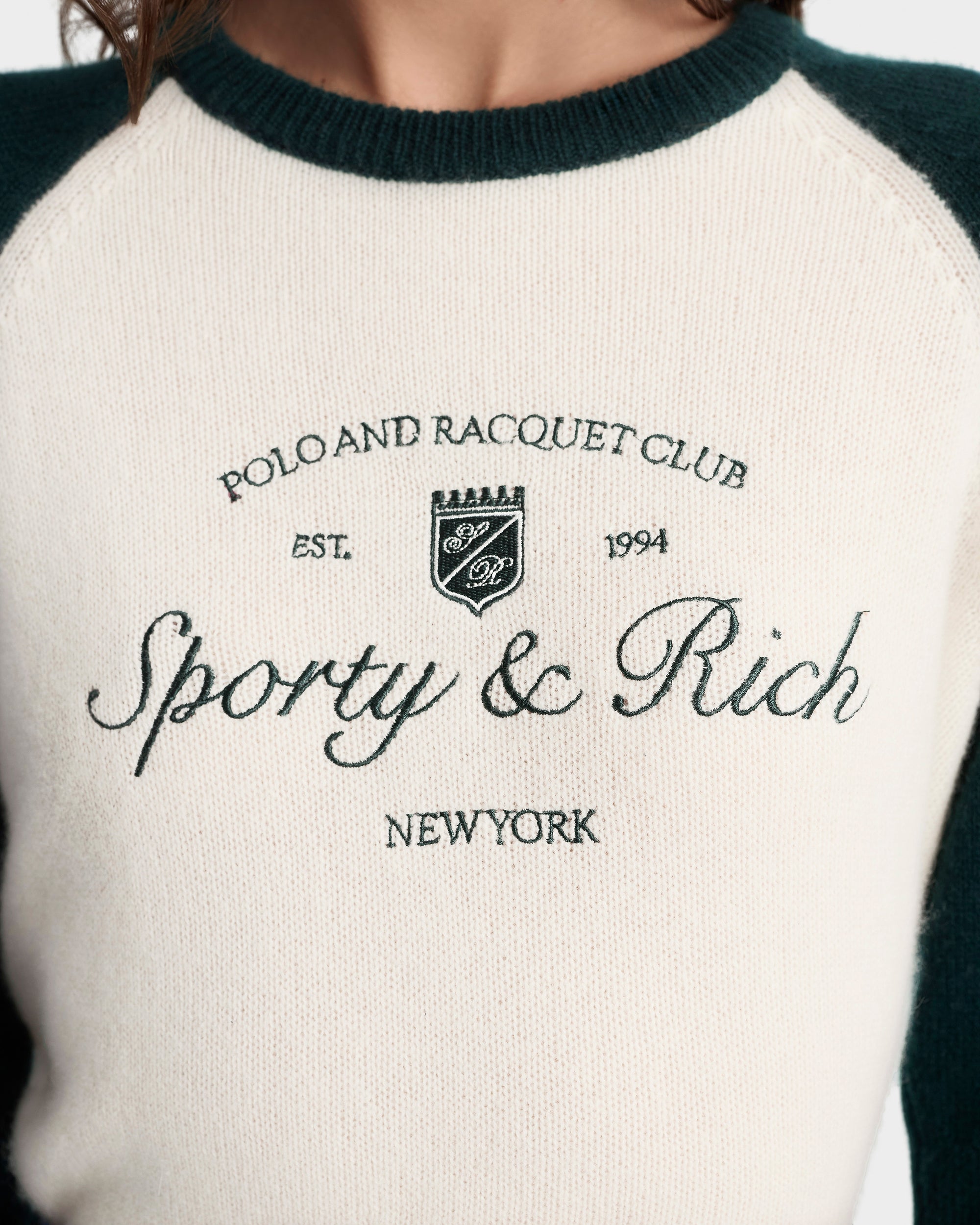 Syracuse Cashmere Baseball Sweater - Ecru/Forest