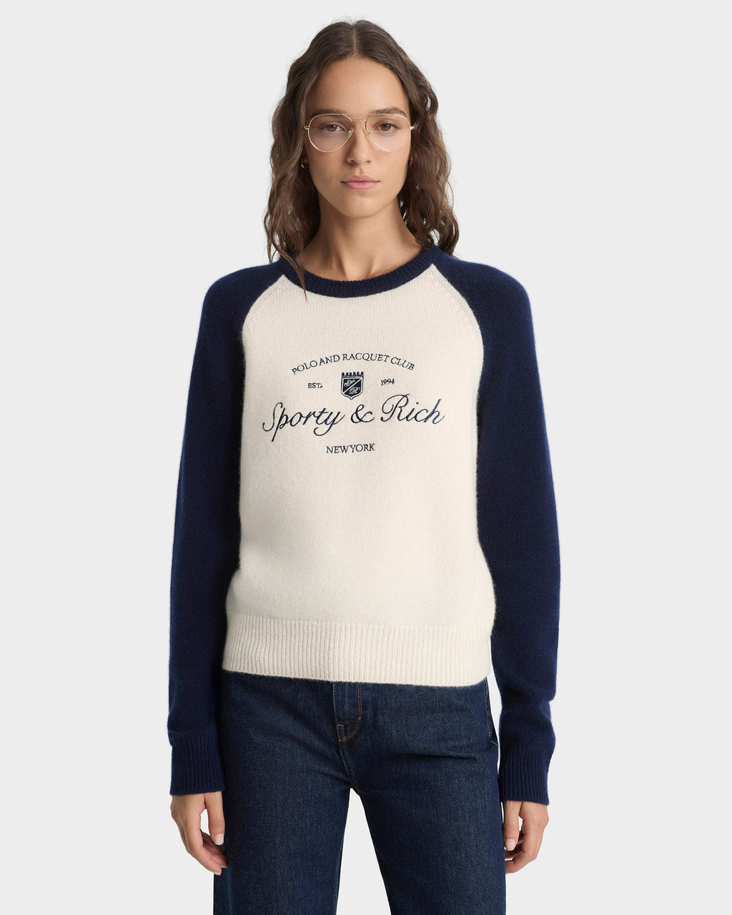 Syracuse Cashmere Baseball Sweater - Ecru/Navy