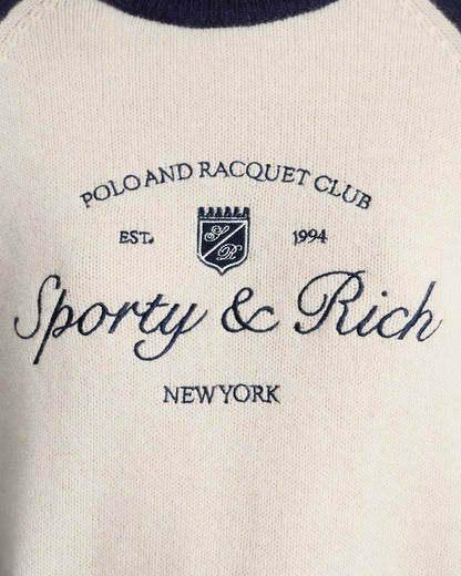 Syracuse Cashmere Baseball Sweater - Ecru/Navy