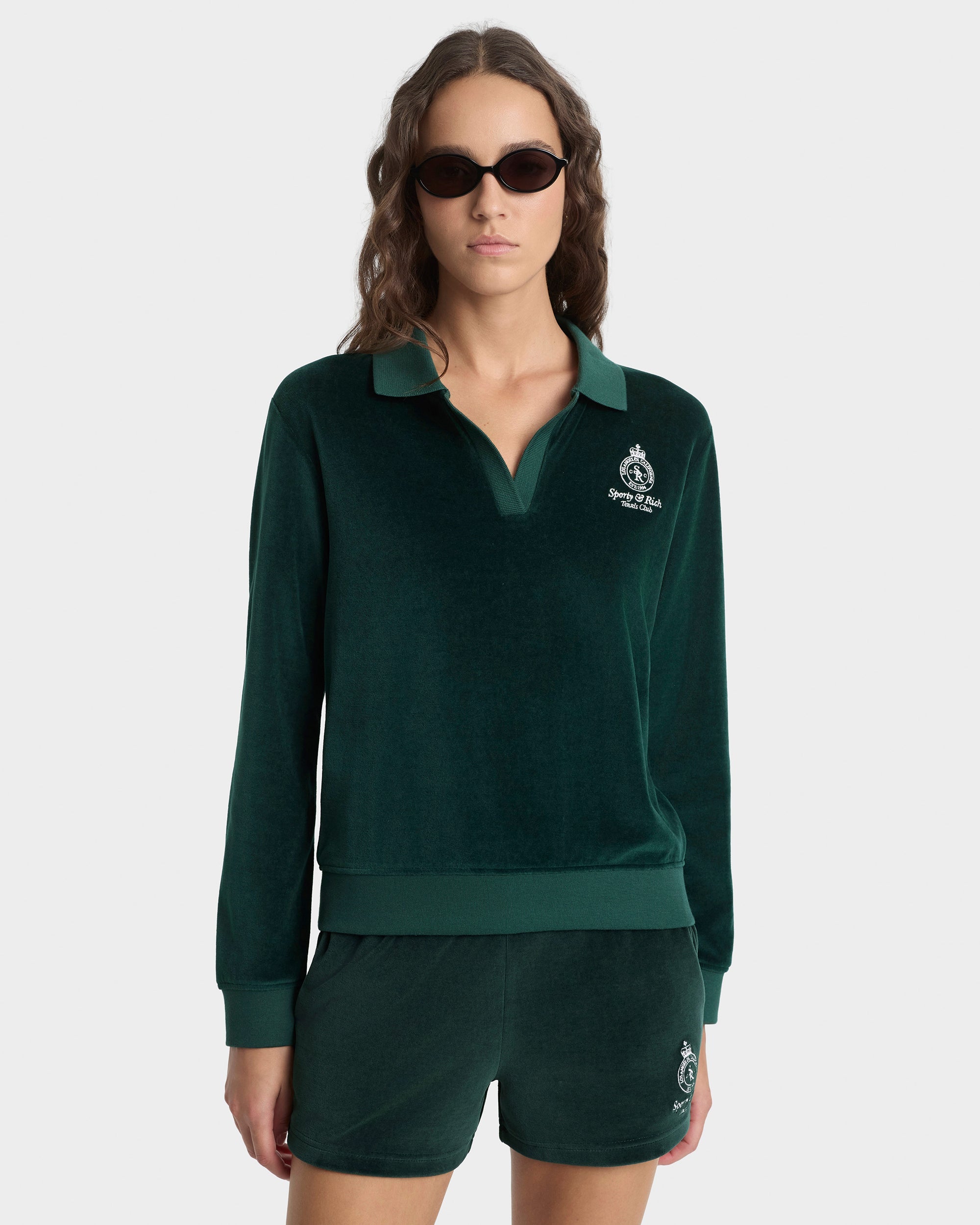 Crown Tennis Velour Polo - Forest/Ecru