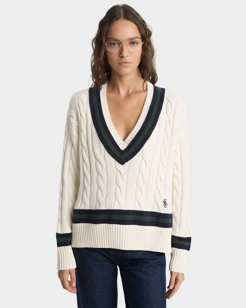 SRC Cableknit V-Neck Sweater - Ecru/Navy/Forest