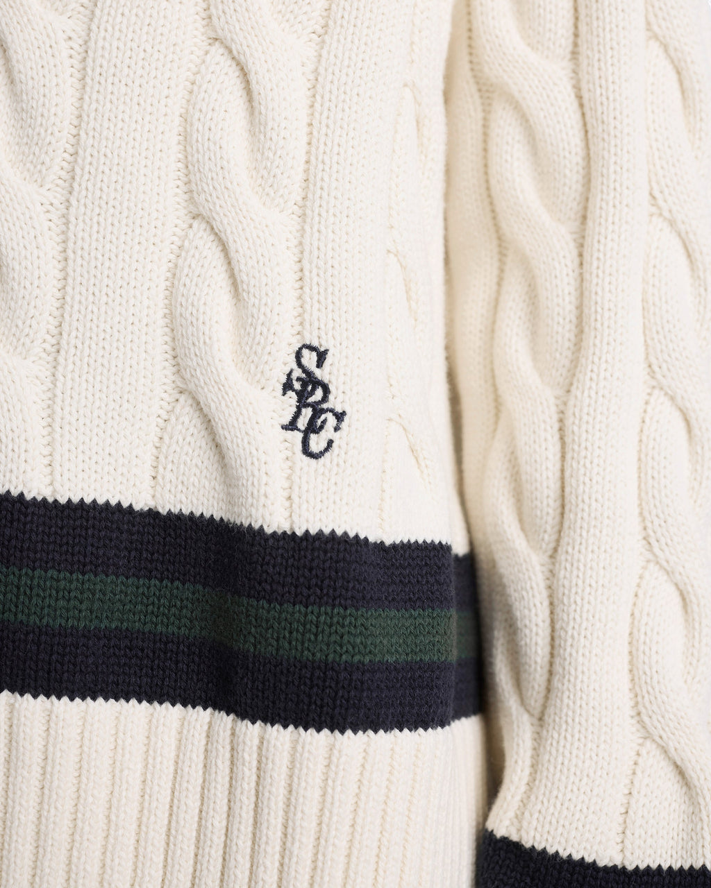 SRC Cableknit V-Neck Sweater - Ecru/Navy/Forest