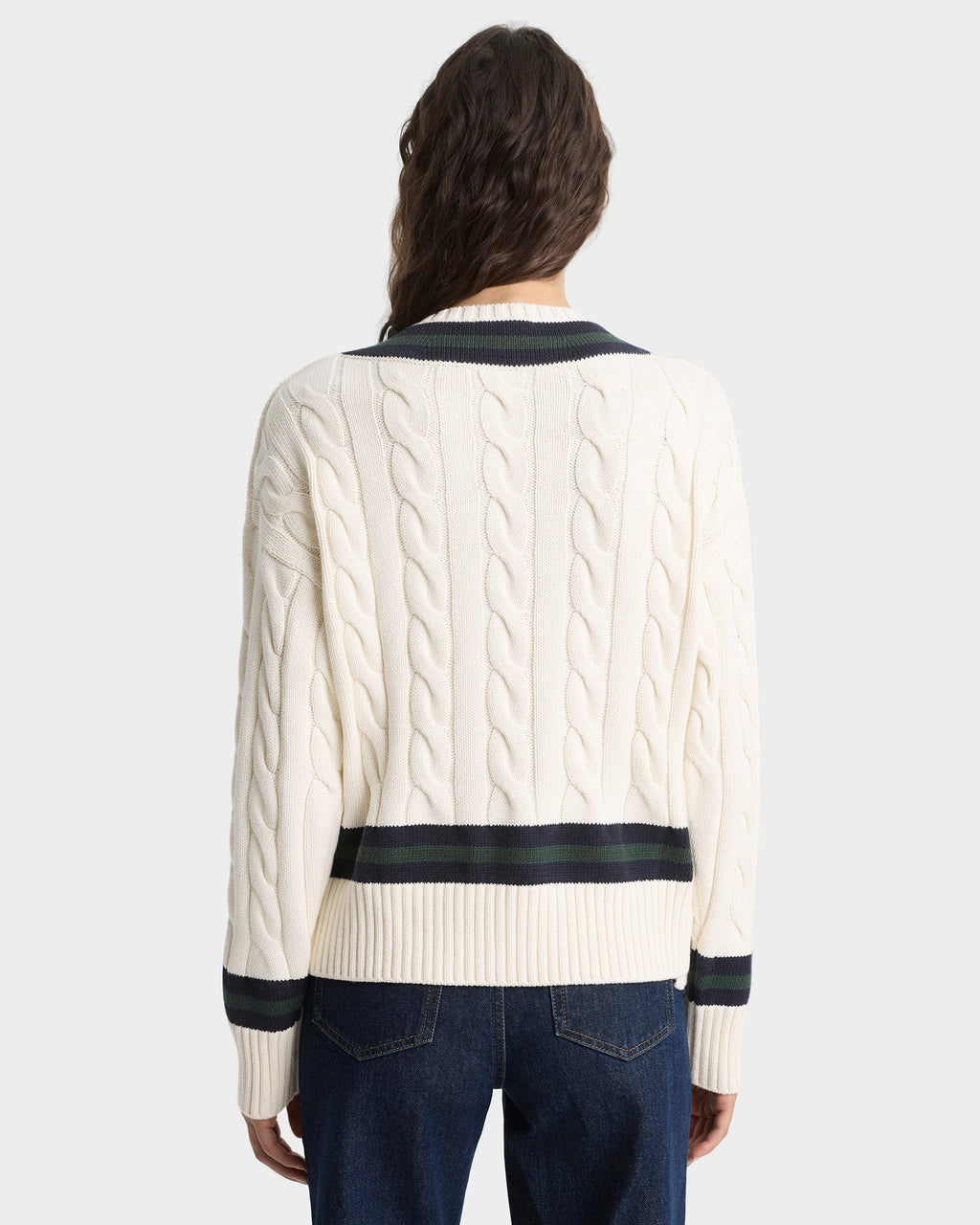 SRC Cableknit V-Neck Sweater - Ecru/Navy/Forest