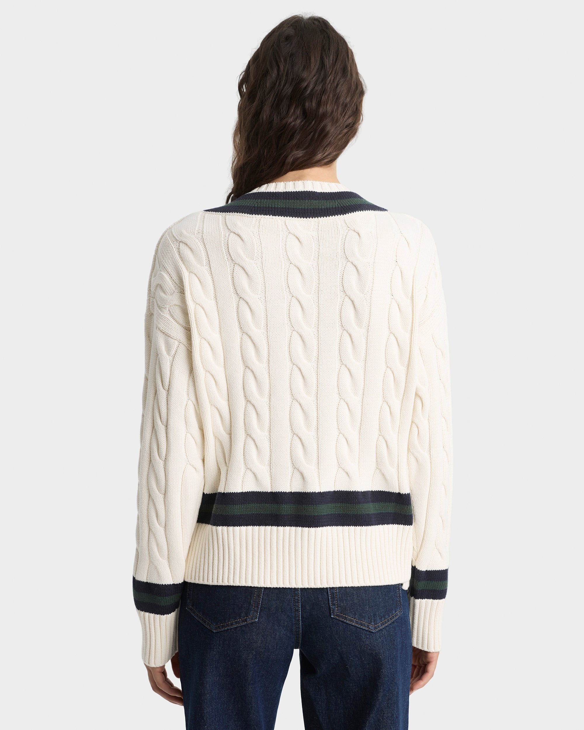 SRC Cableknit V-Neck Sweater - Ecru/Navy/Forest