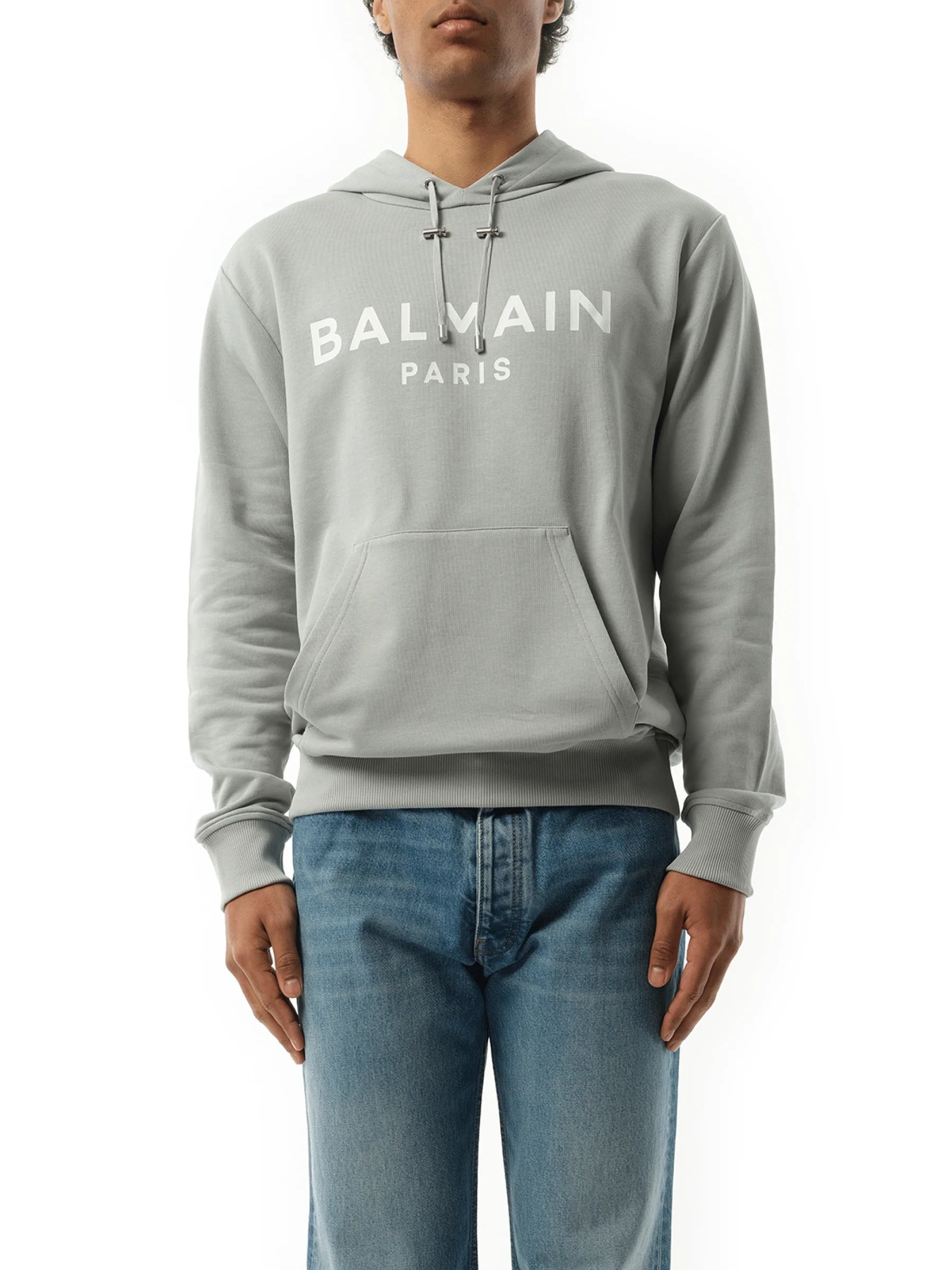 Balmain Print Hoodie in Grey/White