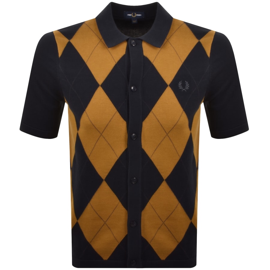 Fred Perry Argyle Knit Button Through Polo Navy