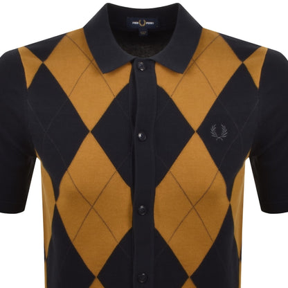 Fred Perry Argyle Knit Button Through Polo Navy