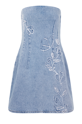 Akira Embroidered Denim Mini Dress - Mid Blue