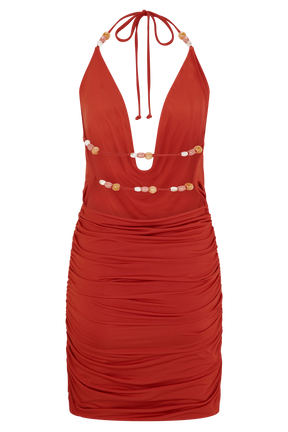 Astraeus Beaded Cowl Mini Dress - Desert Red