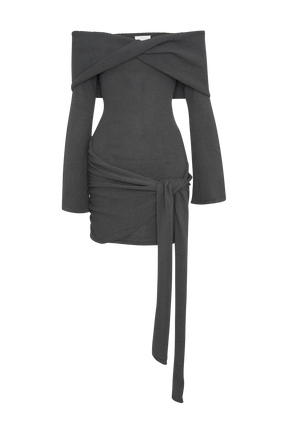 Camryn Off Shoulder Tie Knit Mini Dress - Charcoal