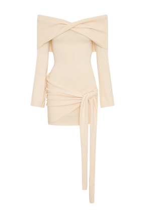Camryn Off Shoulder Tie Knit Mini Dress - Cream Marle