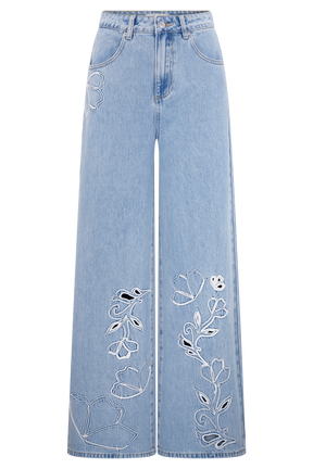 Carmella Embroided Straight Leg Jeans - Mid Blue