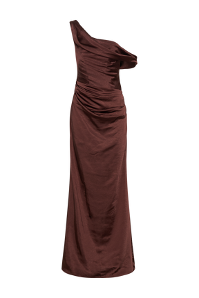 Dalia Off Shoulder Satin Maxi Dress - Dark Chocolate