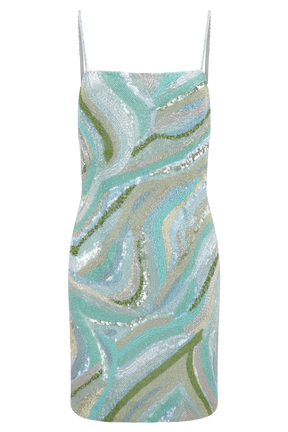 Eloise Hand Beaded Mini Dress - Blue Swirl Print