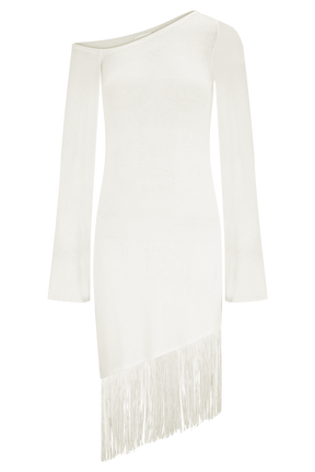 Kayden Fringe Off Shoulder Knit Mini Dress - Ivory