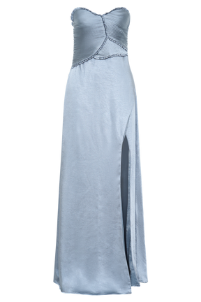 Larissa Satin Maxi Dress With Ruched Petals - Frosted Blue