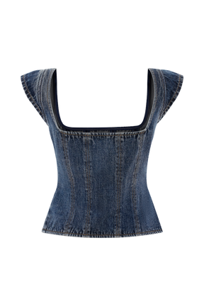 Loretta Cap Sleeve Denim Top - Washed Dark Blue