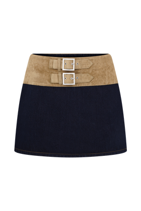 Miranda Faux Suede Belted Denim Mini Skirt - Indigo Blue