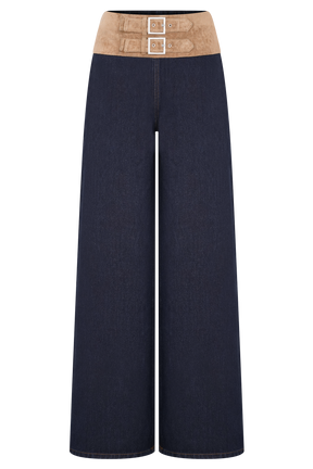 Miranda Faux Suede Belted Denim Wide Leg Pants - Indigo Blue