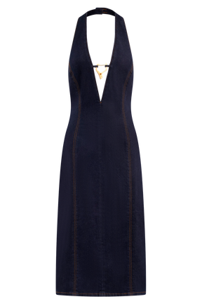 Shauna Denim Halter Midi Dress - Indigo Blue