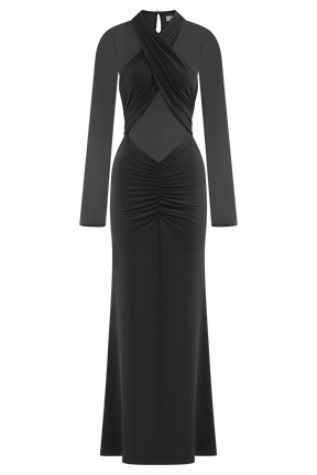 Tania Slinky And Mesh Long Sleeve Maxi Dress - Black