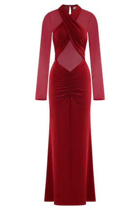 Tania Slinky And Mesh Long Sleeve Maxi Dress - Ruby