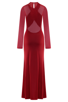 Tania Slinky And Mesh Long Sleeve Maxi Dress - Ruby