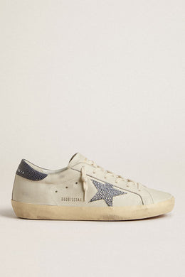Super-Star LTD with cream-colored leather star with Swarovski crystals and blue leather heel tab with lizard print
