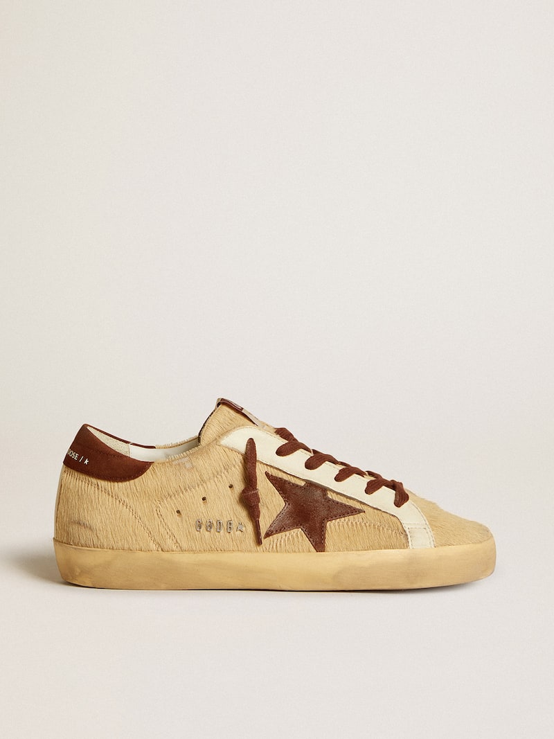 Women’s Super-Star in beige pony skin with brown suede star and heel tab