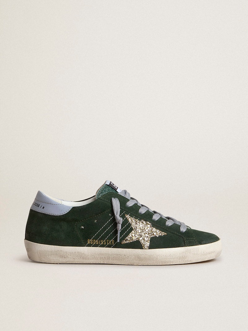 Women's Super-Star in green suede, silver glitter star and leather heel tab