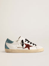 Women’s Super-Star with burgundy suede star and light blue glitter heel tab