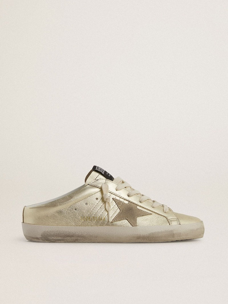 Super-Star Sabots in platinum foiled leather with beige suede star
