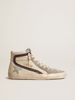 Slide with gray leather star and wine-colored glitter flash
