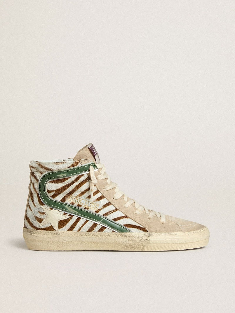 Women's Slide in zebra-print pony skin with green laminated leather flash