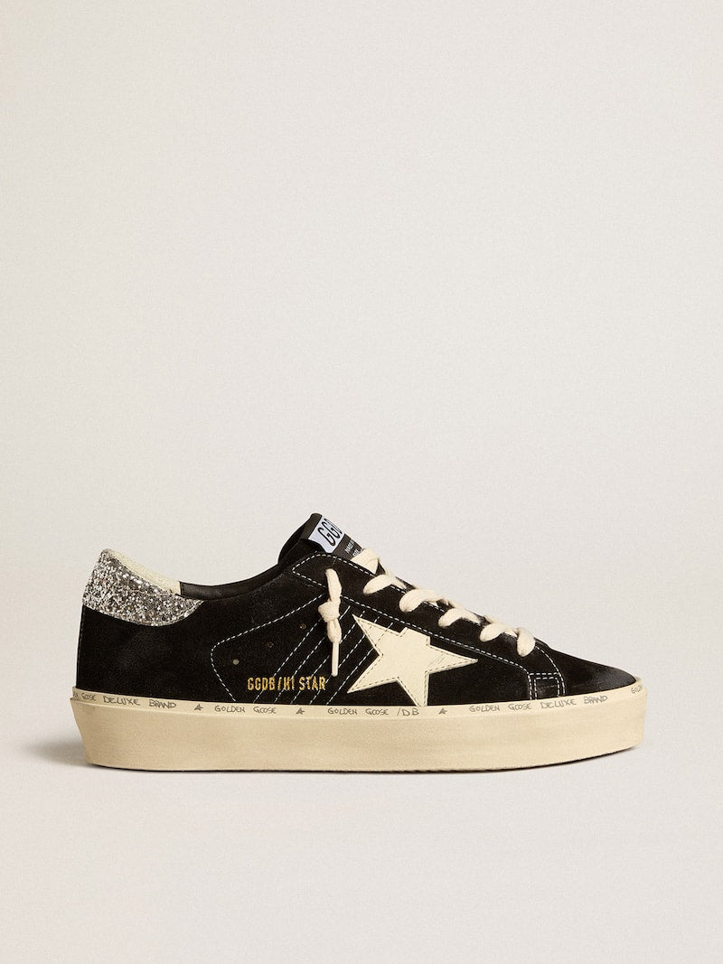 Women’s Hi Star in black leather with silver glitter heel tab