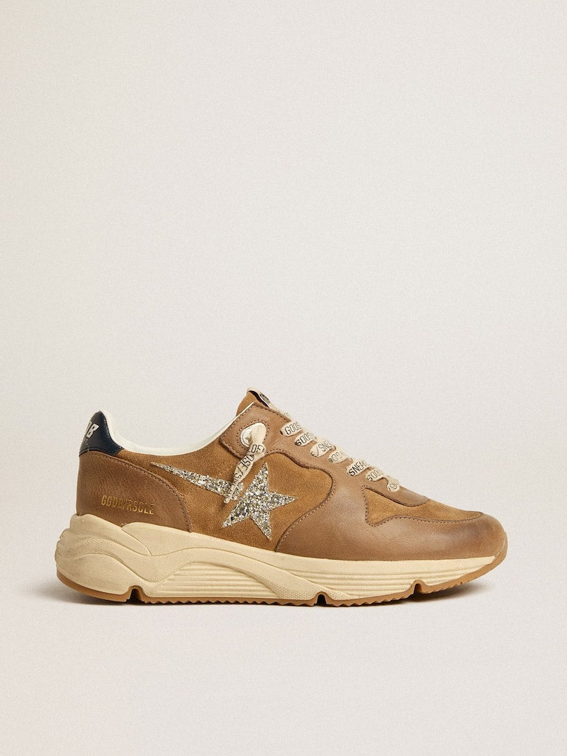 Women’s Running Sole in tobacco-colored nappa leather and suede with silver glitter star