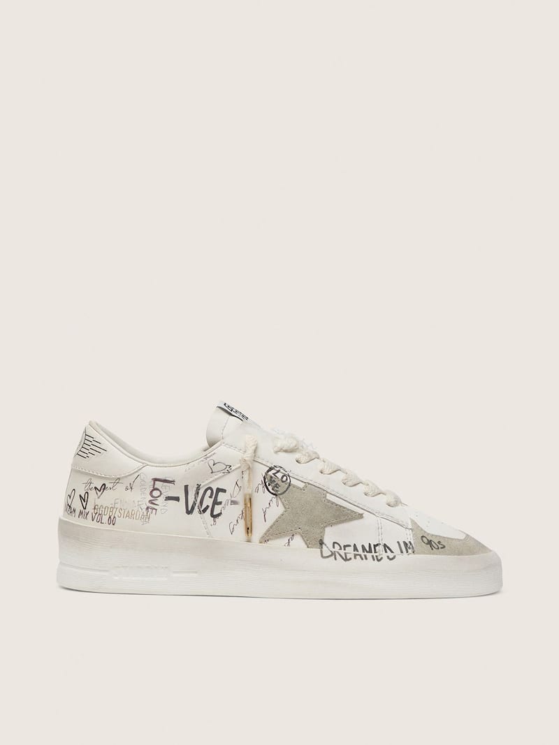 Stardan with beige suede star and toe and all-over lettering and patterns