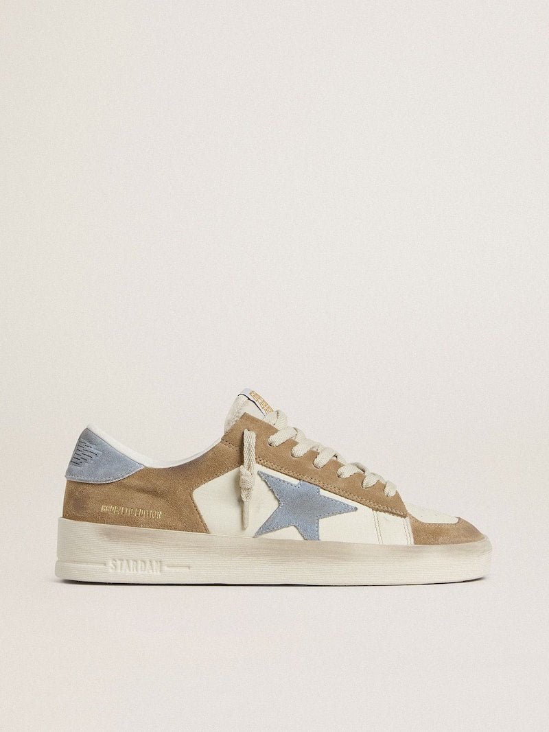 Stardan LTD in white leather and tobacco suede with light blue suede star and heel tab