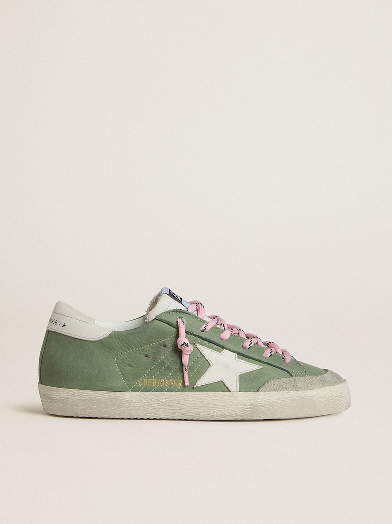 Women’s Super-Star LTD in green nubuck with white leather star and heel tab