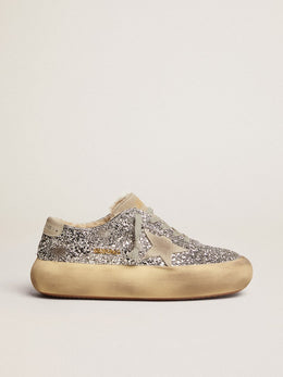 Women's Space-Star shoes in silver glitter with shearling lining