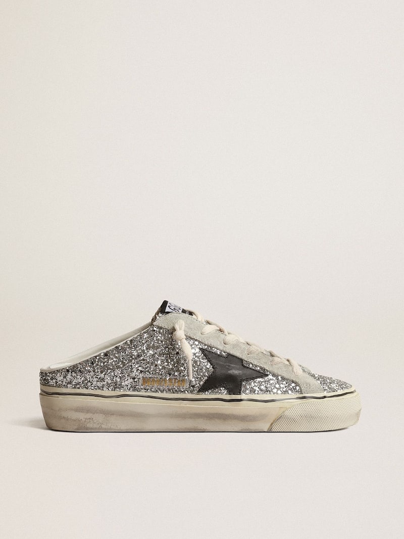 Women's Super-Star Sabot in silver glitter with black leather star