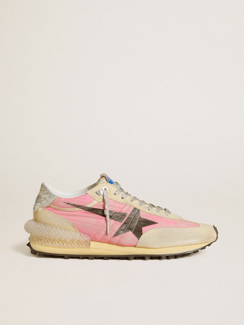 Women's Marathon in pink nylon and beige suede with black printed star