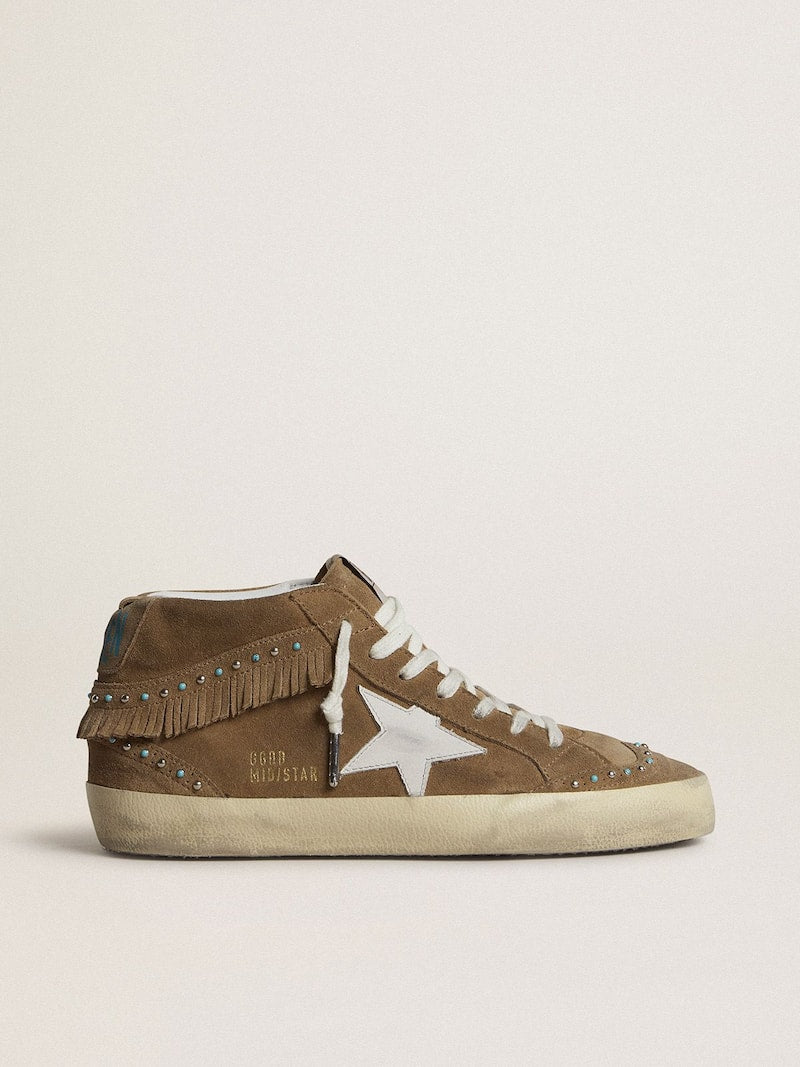 Women's Mid Star in tobacco suede with fringing and studs